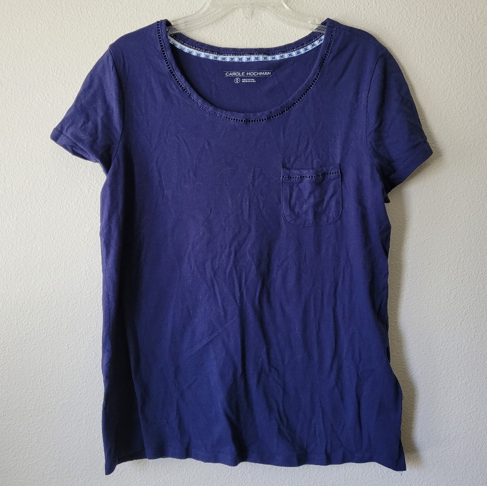 Carole Hochman Crew Neck Navy Pocket Tee Shirt